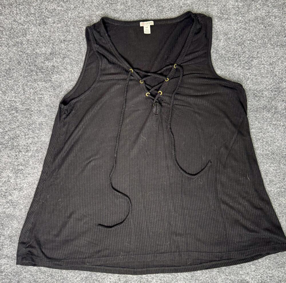 Guess Tank Top Womens Small Black Ribbed Lace Up V Neck Basic Shirt Casual